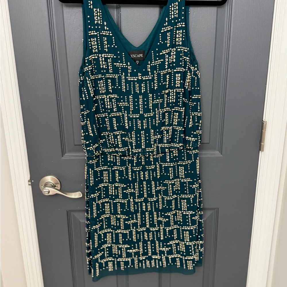 Xscape Teal Dress with Gold Embellishments